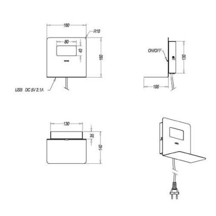 Trio - LED Nástenné svietidlo s poličkou ALOFT LED/3W/230V + USB port