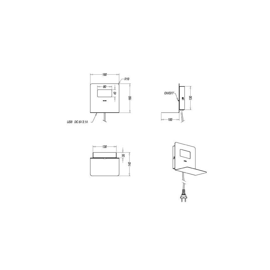 Trio - LED Nástenné svietidlo s poličkou ALOFT LED/3W/230V + USB port