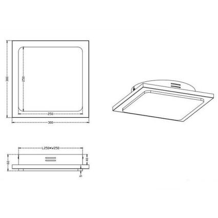 Návrh štvorcového stropného svietidla s rozmermi 300x300x60 mm. Svietidlo je pripevnené k stropu. Detailné rozmery sú uvedené na technickej kresbe. L250xW250.