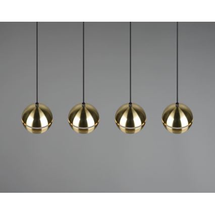Štyri zlaté závesné lampy s čiernymi káblami visia pred sivým pozadím. Lampy majú guľovitý tvar s delenou konštrukciou.
