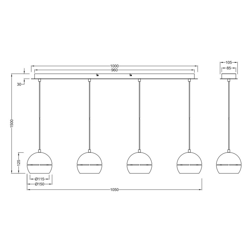 Technický výkres päťramenného závesného svietidla s guľovými tienidlami. Svietidlá visia z dlhej stropnej lišty. Rozmery sú uvedené v milimetroch.