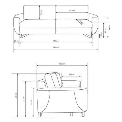 Dvojsedák je zobrazený v čelnom a bočnom náhľade s detailnými rozmermi: 240 cm (šírka), 80 cm (výška), 102 cm (hĺbka). Rozmery jednotlivých častí sú tiež uvedené v centimetroch.