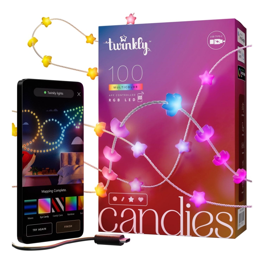 Twinkly - LED RGB Stmievateľná vianočná reťaz CANDIES 100xLED 8 m USB Wi-Fi