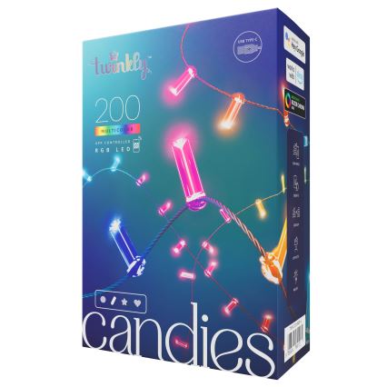 Balenie LED svetielok Twinkly Candies obsahuje 200 viacfarebných RGB LED diód, ovládateľných aplikáciou. Svietidlá sú na šnúre, majú tvar cukríkov. Balenie uvádza kompatibilitu s USB Type-C, Google Home a Amazon Alexa.