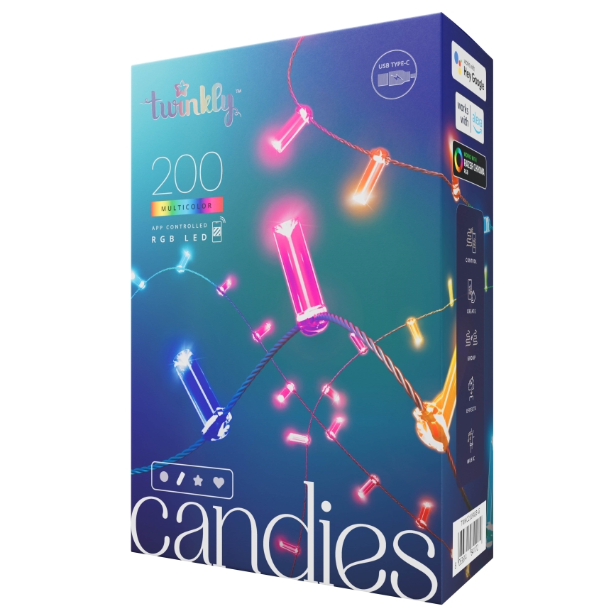 Balenie LED svetielok Twinkly Candies obsahuje 200 viacfarebných RGB LED diód, ovládateľných aplikáciou. Svietidlá sú na šnúre, majú tvar cukríkov. Balenie uvádza kompatibilitu s USB Type-C, Google Home a Amazon Alexa.