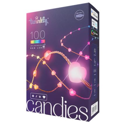 Balenie svietiacich girland s 100 LED diódkami v tvare srdiečok. Girlandy sú RGB, ovládateľné cez aplikáciu a kompatibilné s Google Assistant a Amazon Alexa. Na obale je uvedený názov „Twinkly Candies“.