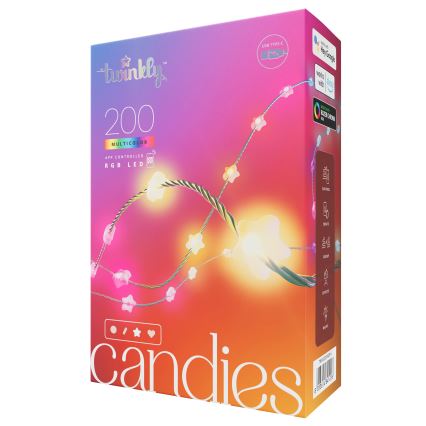 Balenie svetielok Twinkly Candies obsahuje 200 viacfarebných LED diód s ovládaním cez aplikáciu. Svietidlá v tvare hviezdičky sú zobrazené na ružovo-oranžovom pozadí. Balenie uvádza kompatibilitu s USB typu C, Google Home, Apple HomeKit a Amazon Alexa.