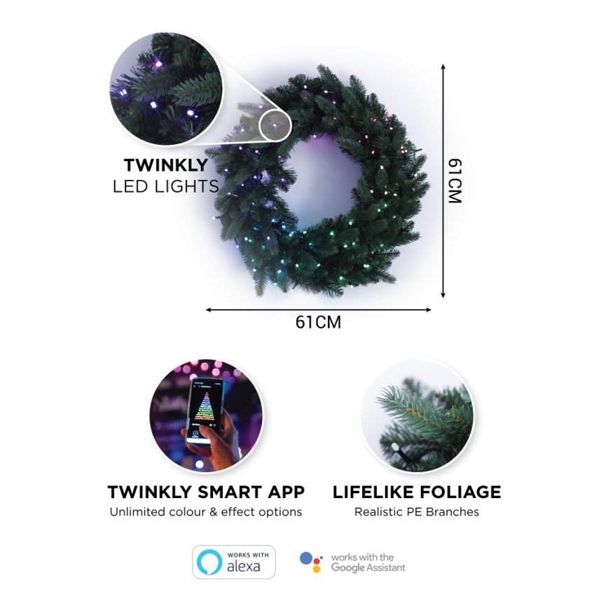Twinkly - LED RGB Stmievateľný vánoční věnec PRE-LIT WREATH 50xLED pr. 61cm Wi-Fi