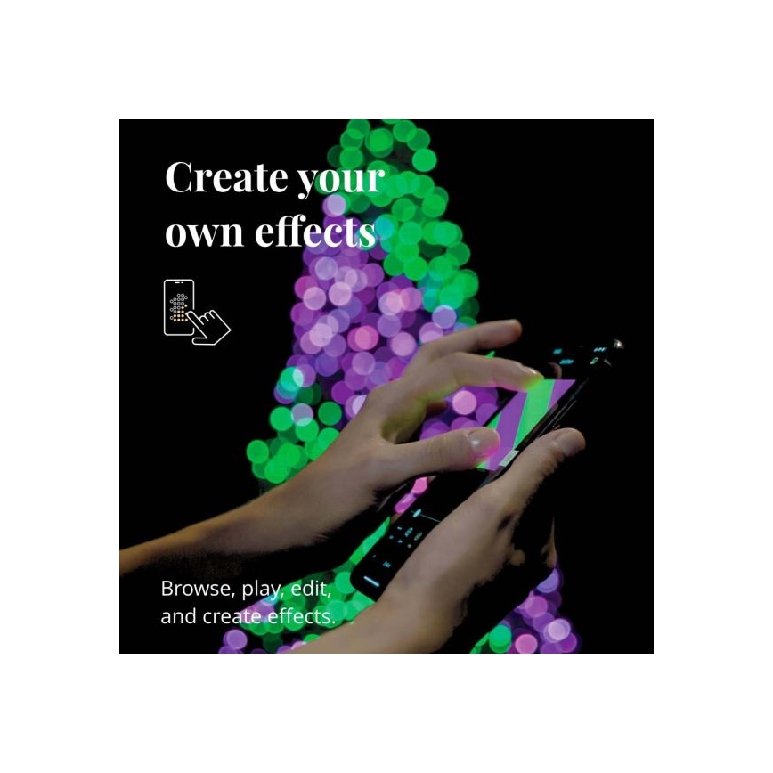 Ruky ovládajú smartfón s obrazovkou zobrazujúcou farebné pruhy. Na pozadí je rozmazané svetelné pozadie v tvare vianočného stromčeka. Text na obrázku: „Create your own effects“ a „Browse, play, edit, and create effects.“