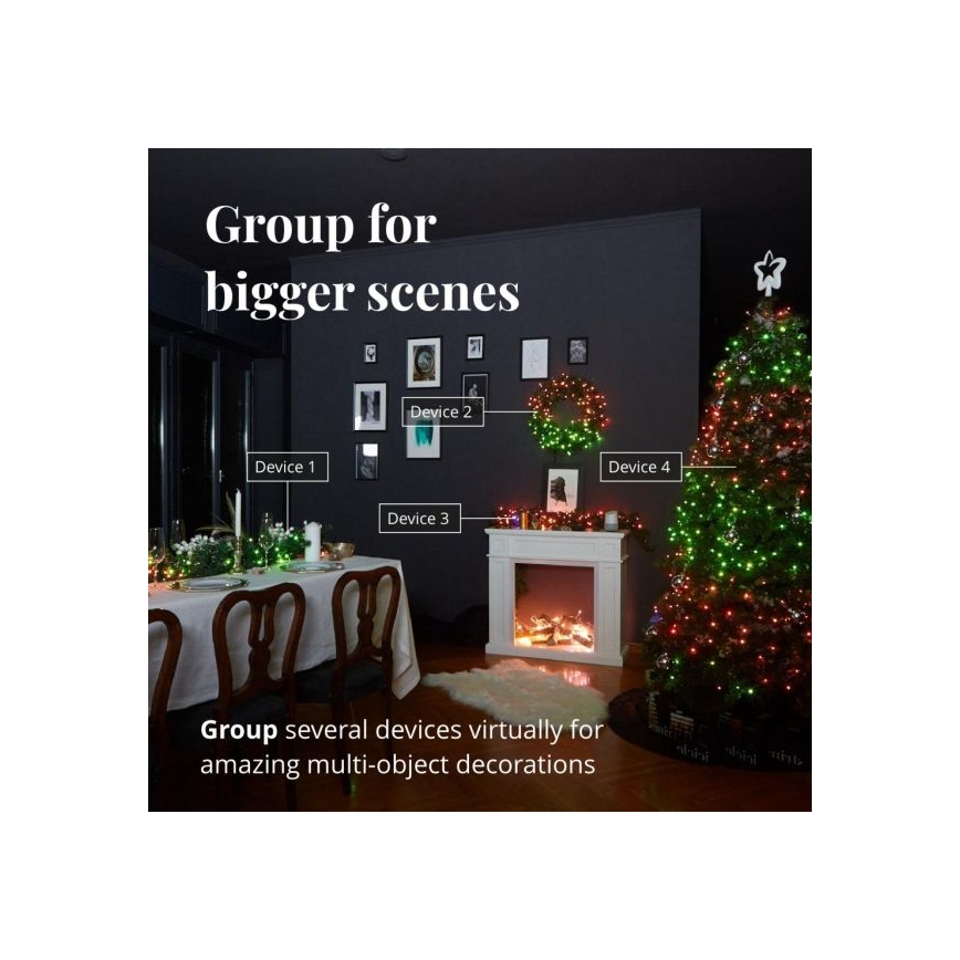 Vianočná scéna s vianočným stromčekom a krbom zdobenými svetielkami. Na stole je vianočná výzdoba. Text: „Group for bigger scenes“ a „Group several devices virtually for amazing multi-object decorations“. Zobrazené sú štyri zariadenia (Device 1-4).