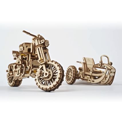 Ugears - 3D drevenené mechanické puzzle Motorka scrambler s vozíkom