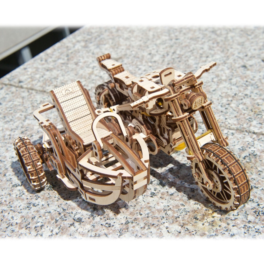 Ugears - 3D drevenené mechanické puzzle Motorka scrambler s vozíkom