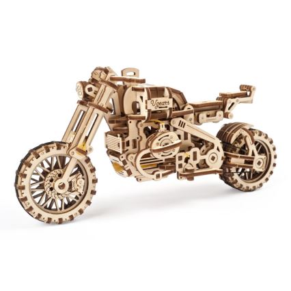Ugears - 3D drevenené mechanické puzzle Motorka scrambler s vozíkom