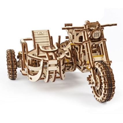 Ugears - 3D drevenené mechanické puzzle Motorka scrambler s vozíkom