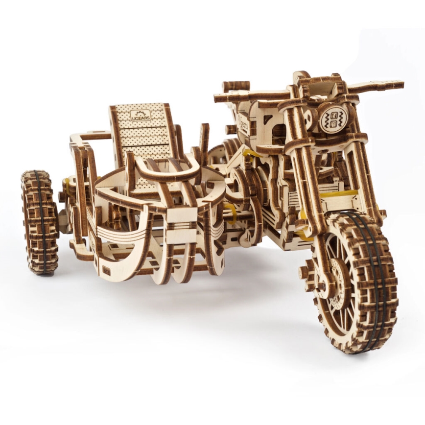 Ugears - 3D drevenené mechanické puzzle Motorka scrambler s vozíkom