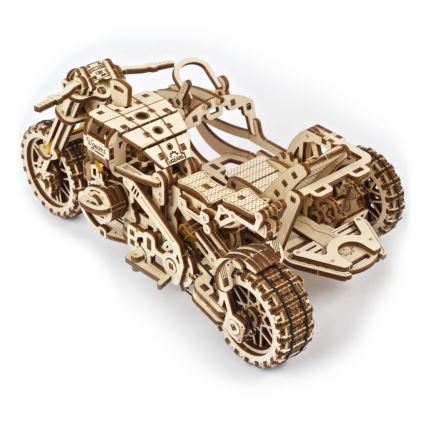 Ugears - 3D drevenené mechanické puzzle Motorka scrambler s vozíkom
