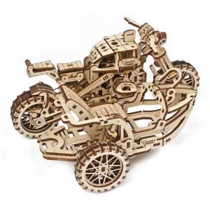 Ugears - 3D drevenené mechanické puzzle Motorka scrambler s vozíkom