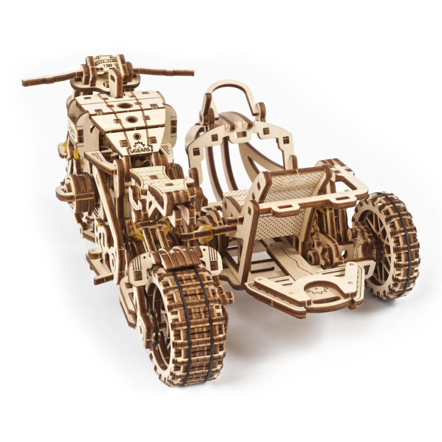 Ugears - 3D drevenené mechanické puzzle Motorka scrambler s vozíkom