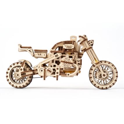 Ugears - 3D drevenené mechanické puzzle Motorka scrambler s vozíkom