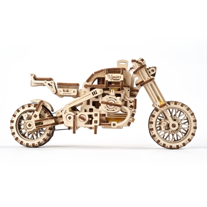 Ugears - 3D drevenené mechanické puzzle Motorka scrambler s vozíkom