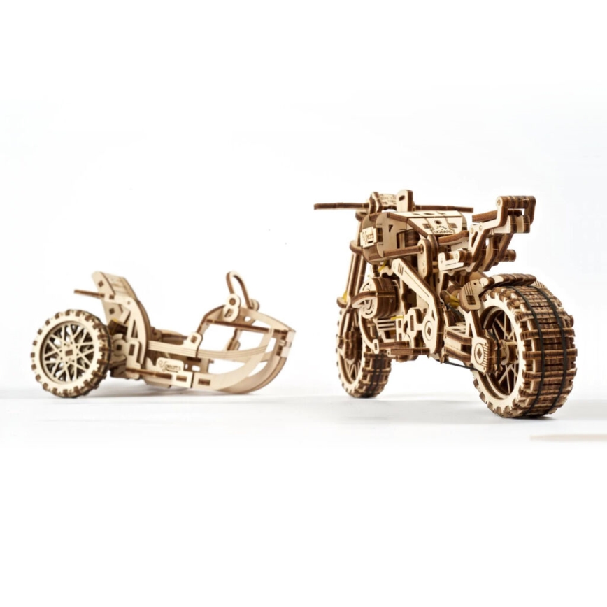 Ugears - 3D drevenené mechanické puzzle Motorka scrambler s vozíkom