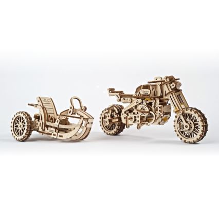 Ugears - 3D drevenené mechanické puzzle Motorka scrambler s vozíkom