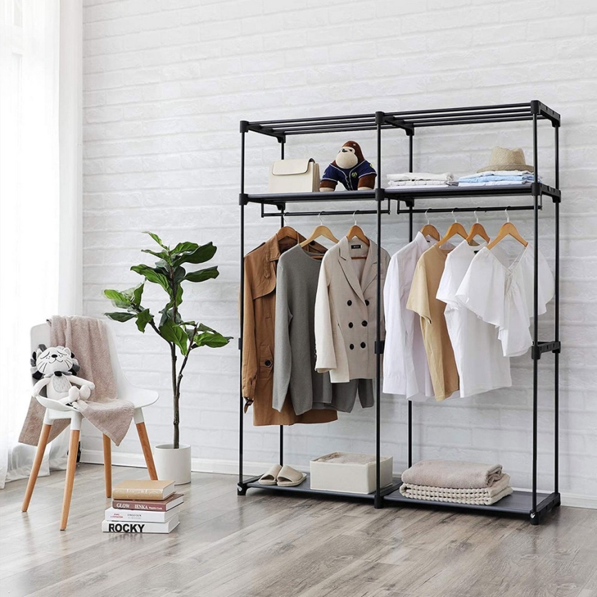 Úložná textilná skriňa s policami a šatníkovou tyčou MATIS 140x174 cm sivá