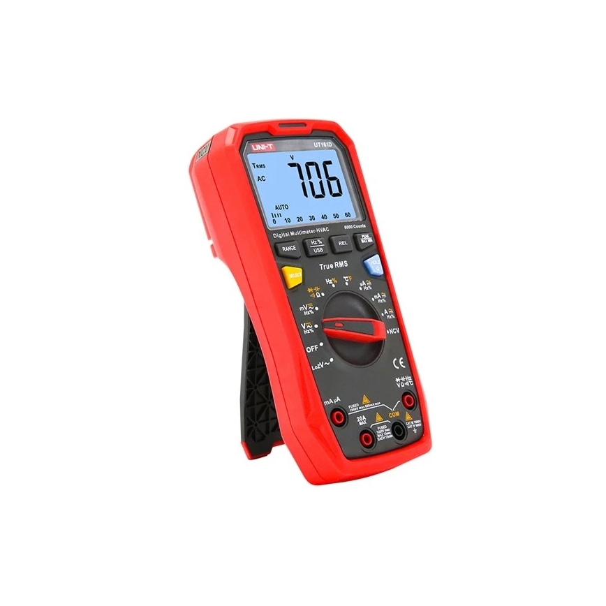 Červený digitálny multimeter UNI-T UT1610 zobrazuje hodnotu 706. Prístroj má otočný volič funkcií a vstupy pre meracie káble. Je umiestnený na bielom pozadí.