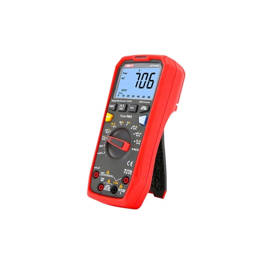 Červený digitálny multimeter UNI-T UT1610 zobrazuje hodnotu 706. Prístroj má otočný volič funkcií a vstupy pre meranie. Nachádza sa na bielom pozadí.