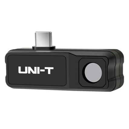 Čierny USB adaptér UNI-T s okrúhlym snímačom je zobrazený na bielom pozadí. Na adaptéri je vytlačené logo „UNI-T“.