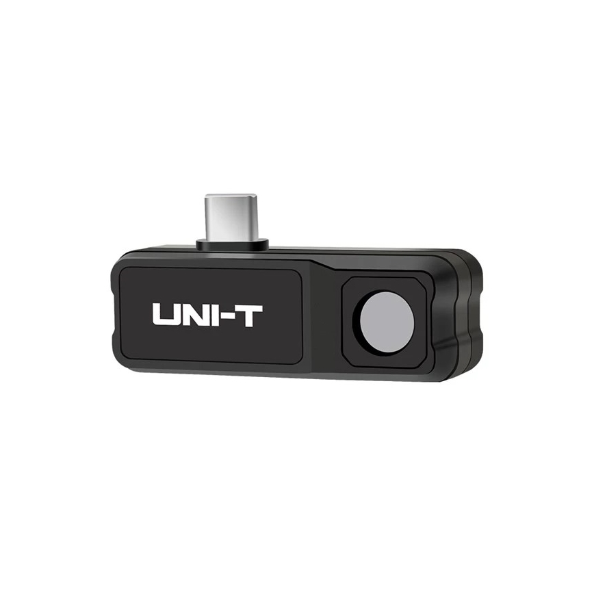 Čierny USB adaptér UNI-T s okrúhlym snímačom je zobrazený na bielom pozadí. Na adaptéri je vytlačené logo „UNI-T“.