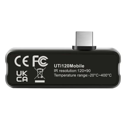 Malý čierny prístroj s USB-C konektorom zobrazuje označenia CE, FC, UK, CA a technické údaje: UTi120Mobile, IR rozlíšenie 120x90, teplotný rozsah -20°C až 400°C.