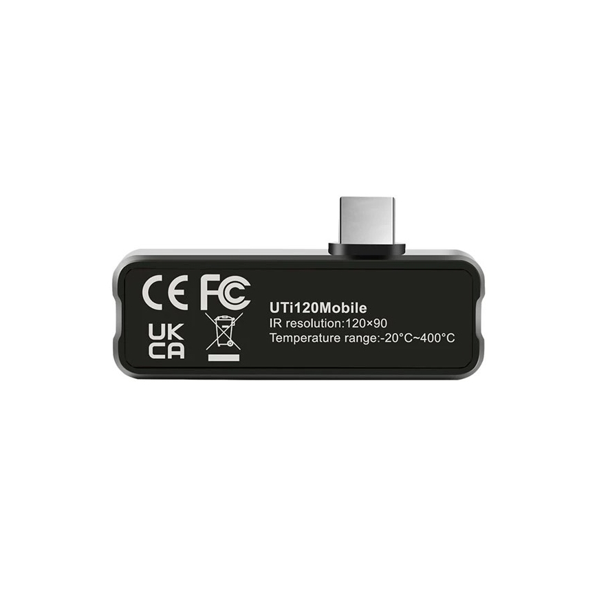 Malý čierny prístroj s USB-C konektorom zobrazuje označenia CE, FC, UK, CA a technické údaje: UTi120Mobile, IR rozlíšenie 120x90, teplotný rozsah -20°C až 400°C.