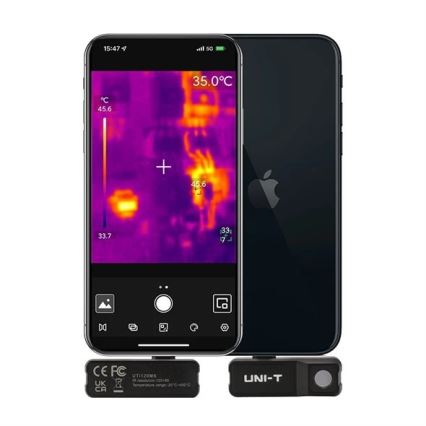Mobilný telefón zobrazuje termografický snímok. Snímok ukazuje teplotné rozdiely v objekte. Pripojený je externý infračervený snímač UNI-T UTI120MS s rozlíšením 120x90 a teplotným rozsahom -20°C až 450°C.