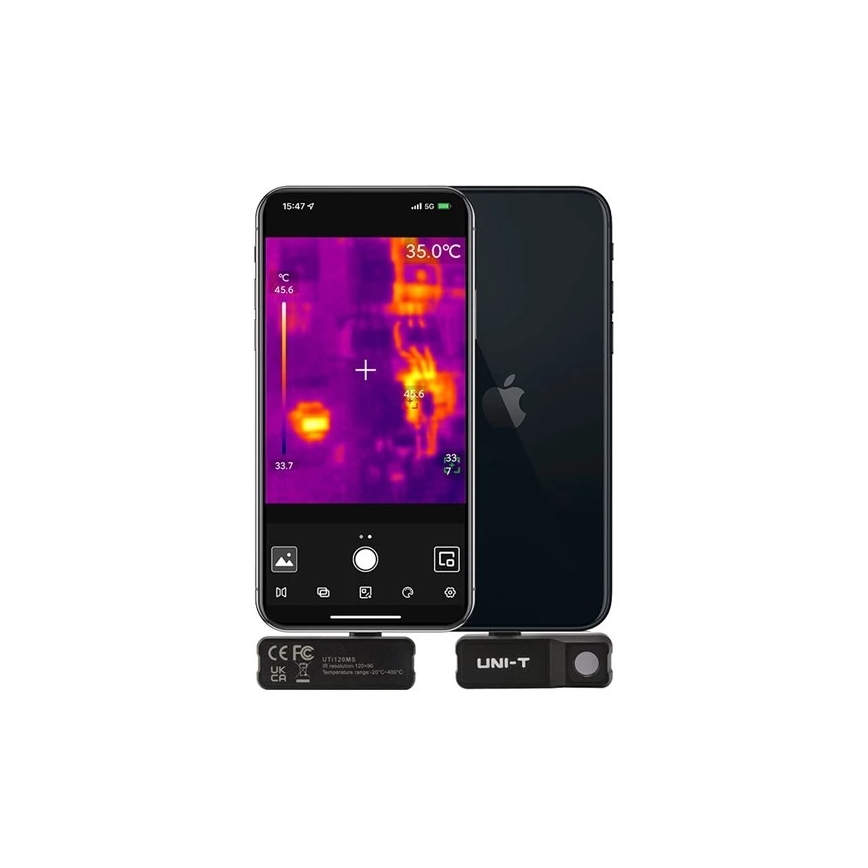 Mobilný telefón zobrazuje termografický snímok. Snímok ukazuje teplotné rozdiely v objekte. Pripojený je externý infračervený snímač UNI-T UTI120MS s rozlíšením 120x90 a teplotným rozsahom -20°C až 450°C.