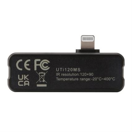 Čierny adaptér s konektorom Lightning pripojený k zariadeniu. Na adaptéri sú vyznačené certifikácie CE, FC, UK, CA a technické údaje: UTI120MS, IR rozlíšenie 120x90, teplotný rozsah -20°C až 400°C.