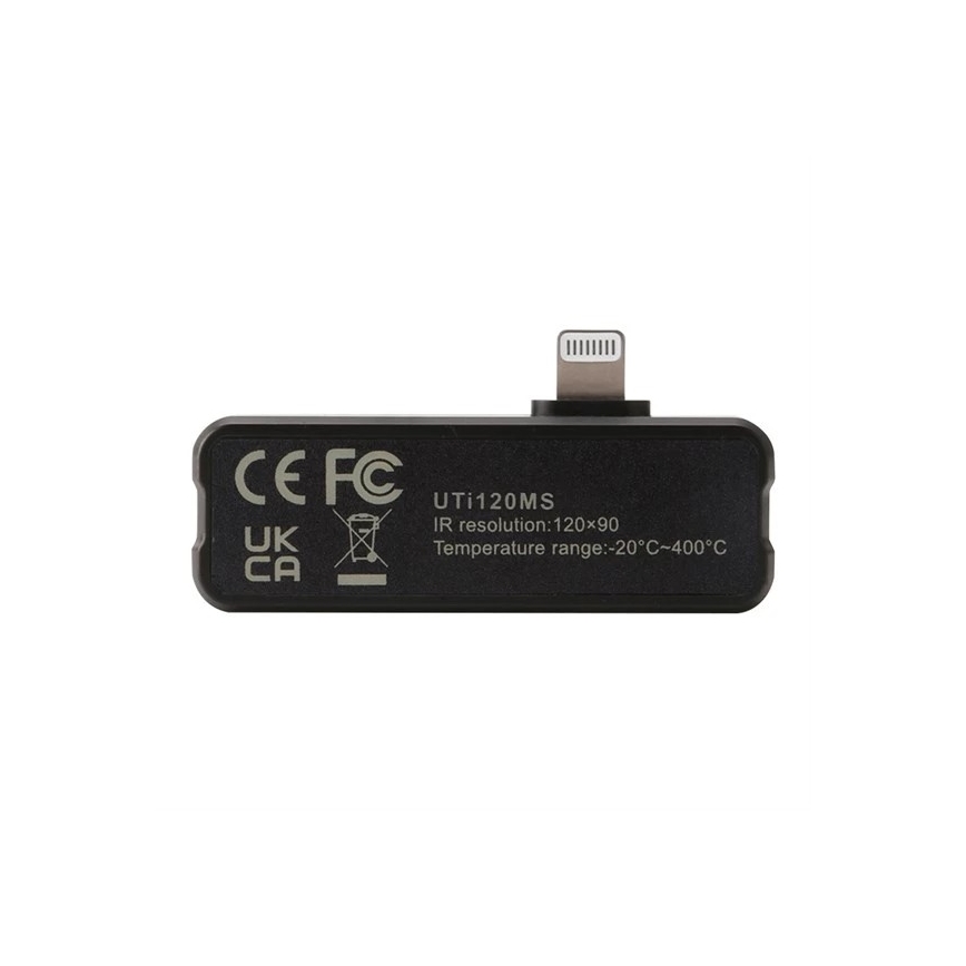 Čierny adaptér s konektorom Lightning pripojený k zariadeniu. Na adaptéri sú vyznačené certifikácie CE, FC, UK, CA a technické údaje: UTI120MS, IR rozlíšenie 120x90, teplotný rozsah -20°C až 400°C.