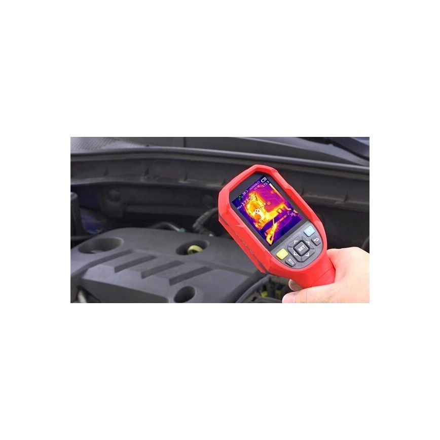 Termokamera sníma teplotu automobilového motora. Na displeji je zobrazená tepelná mapa s údajom 173.0°C. Kontext: Motor automobilu je čiastočne viditeľný pod kapotou.