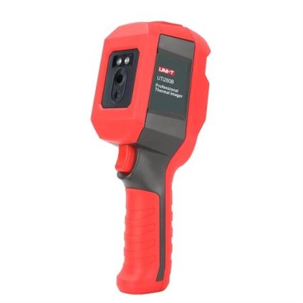 Termokamera UNI-T UT260B sníma teplotu. Je červeno-šedá, má vstavaný displej a ergonomickú rukoväť. Na bielom pozadí.