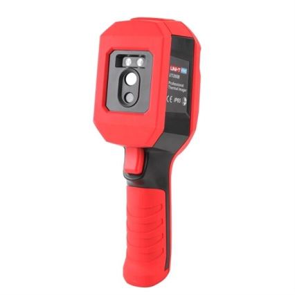 Termokamera UT206B sníma teplotu. Je červeno-čierna, s ergonomickou rukoväťou. Na tele je uvedený nápis UNI-T UT206B Professional Thermal Imager, certifikačné značky CE a IP65.