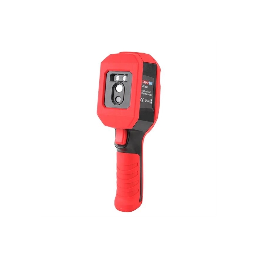 Termokamera UT206B sníma teplotu. Je červeno-čierna, s ergonomickou rukoväťou. Na tele je uvedený nápis UNI-T UT206B Professional Thermal Imager, certifikačné značky CE a IP65.
