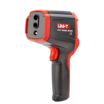Termokamera UNI-T UT132 meria teplotu. Je čierno-červená, s rukoväťou a dvomi otvormi na vrchu. Na tele je nápis „UNI-T UT132 THERMAL IMAGER CE“.
