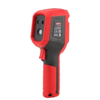 Termokamera UNI-T UT112S meria teplotu. Je červeno-čierna, má tvar pištole s ergonomickou rukoväťou. Na tele je uvedené: UNI-T UT112S Professional Thermal Imager CE UK CA IP54.
