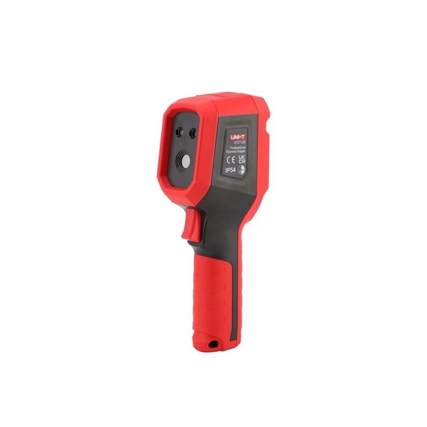 Termokamera UNI-T UT112S meria teplotu. Je červeno-čierna, má tvar pištole s ergonomickou rukoväťou. Na tele je uvedené: UNI-T UT112S Professional Thermal Imager CE UK CA IP54.