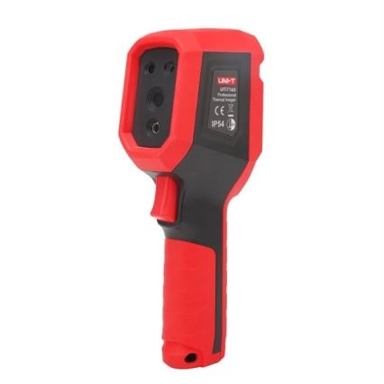 Termokamera UNI-T UT716S meria teplotu. Je červeno-čierna, s rukoväťou a niekoľkými otvormi na vrchu. Na tele je označenie UNI-T UT7165 Professional Thermal Imager CE IP54.