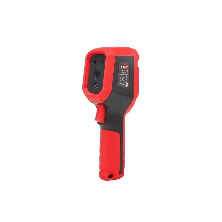Termokamera UNI-T UT716S meria teplotu. Je červeno-čierna, s rukoväťou a niekoľkými otvormi na vrchu. Na tele je označenie UNI-T UT7165 Professional Thermal Imager CE IP54.