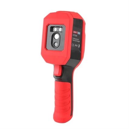 Termokamera LIN-T UT07204 meria teplotu. Je červeno-čierna, má ergonomickú rukoväť a dva snímače. Na tele je uvedené: Professional Thermal Imager, CE, IP65.