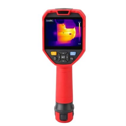 Termokamera zobrazuje teplotné rozloženie objektu. Na displeji je viditeľná teplotná mapa s najvyššou namerovanou teplotou 54,9 °C. Prístroj je červenej farby s ovládacími tlačidlami a držiakom.