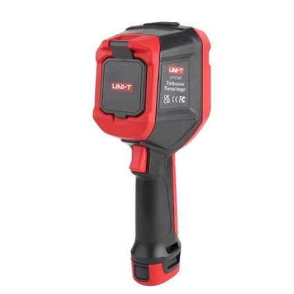Termokamera UNI-T UT170BE je zobrazená na bielom pozadí. Je červeno-čierna, ručne ovládaná a má na boku nápis: „UNI-T UT170BE Professional Thermal Imager UK CA CE FC“.