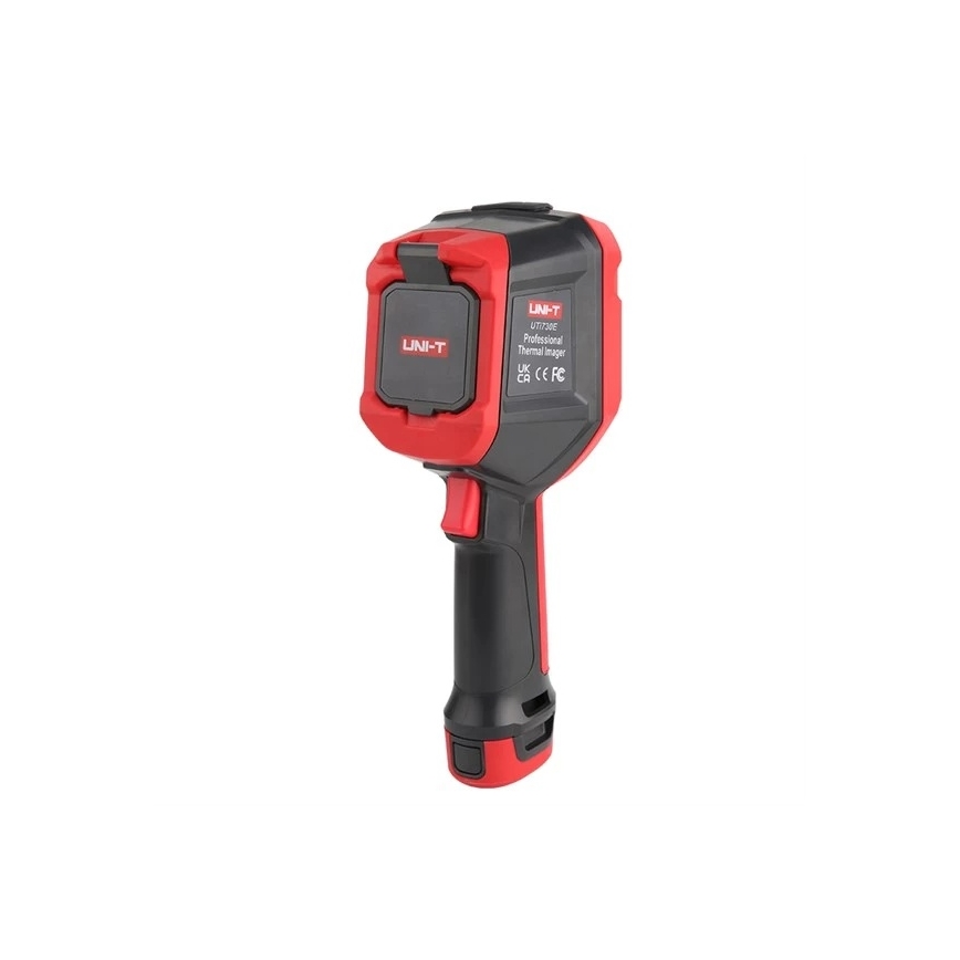 Termokamera UNI-T UT170BE je zobrazená na bielom pozadí. Je červeno-čierna, ručne ovládaná a má na boku nápis: „UNI-T UT170BE Professional Thermal Imager UK CA CE FC“.